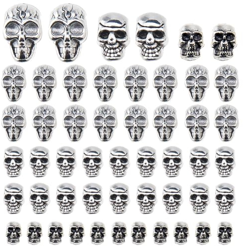 SUPERFINDINGS 60 Stück 3 Stile Silberne Totenkopfperle Tibetischer Stil Legierungsperlen Großes Loch Totenkopfperlen Für Halsketten Armbänder Schmuckherstellung DIY Zubehör Bohrung: 2.5~5mm