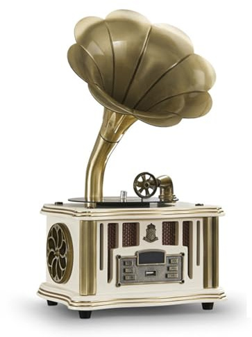 QVK Vintage telefonograf skivspelare med trådlös Bluetooth-högtalare och Fm-radio för heminredning, bar, fest (vit)