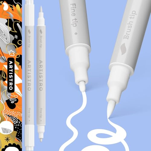 ARTISTRO 2 White Acrylic Paint Pens, Dual Tip, Acrylic Marker Pens for Fabric, Canvas, Rock, Glass, Wood, Paper, DIY, Kids and Adults (Brush + Fine 1 mm)