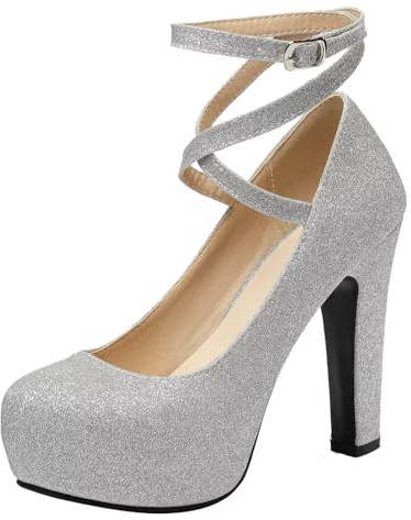 HSyc JRX damer glitterpumps med ankelrem och platåblockklack, höga klackar, kvällsskor, silver, 45 EU