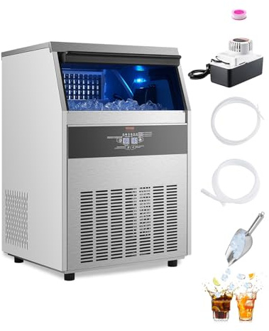 VEVOR 160lbs/24H Commercial Ice Maker Machine with Drain Pump, 66lbs Storage Capacity Ice Maker, 80 Ice Cubes in 15 Minutes, LED Digital Display Freestanding Self-Cleaning for Bar Office Restaurant