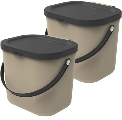 Rotho Albula Biomülleimer Küche 6 L Bio Mülleimer Komposteimer Küche Beige | 2er-Set mit je 6 L, dicht schließender Deckel, nach hinten klappbar, mit Trageriemen, stapelbar auf Albula 25-L-Eimern