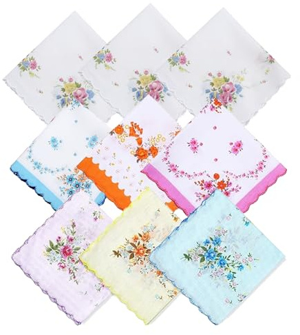 ZKFSIE 9 Pcs Ladies Handkerchief 100% Soft Cotton, Elegant Wedding Handkerchiefs for Women, Reusable Cotton Hankies with Delicate Design, Perfect for Daily Use and Special Occasions