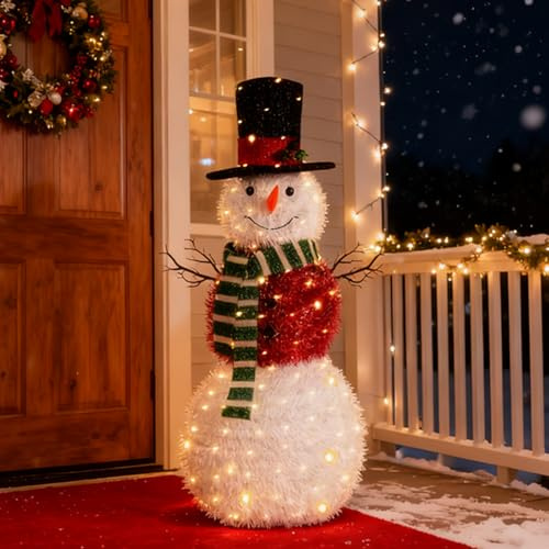 NEXSTRON 4Ft Lighted Snowman Outdoors, Shatterproof Christmas Decorations 150 Warm Lights Foldable Christmas Snowman Waterproof Battery Operated Xmas Decoration Porch Ornaments for Home