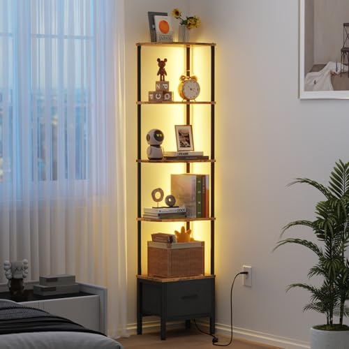 OYRREU 5-Tier Corner Shelf with LED Light & Fabric Drawer, Retro Brown | APP Control LED, Easy Assembly, Fit Small Space, 27cm×37cm Footprint, Tall Narrow Bookshelf, Display Shelf, Storage Drawer
