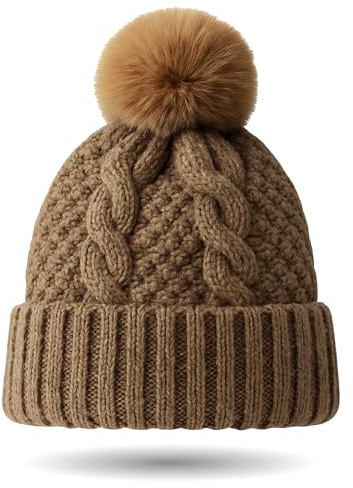 MUNSKT Bobble Hat Satin Lined Beanie for Women Girls Satin Winter Knitted Hat for Ladies Silk Lined Beanie Warm Bobble Hat Warm Winter Knit Hats with Faux Fur Pompom (Caramel)