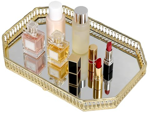 Plateau décoratif en Miroir, Plateau de vanité doré à Motif géométrique, Organisateur de Bijoux Vintage, Plateau en Verre, pour Rangement de parfums, décoration d’intérieur, 20.2 x 28.6 x 4.3cm
