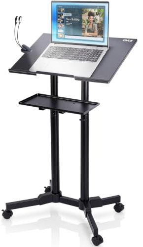 Pyle Lectern Stand Podium Mobile Adjustable Laptop Lectern for Church, Classroom & Presentation Use with Lockable Wheels, Tilting Desk & Dual Shelves