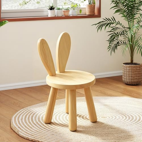 YushengTai Kinderstuhl Holz ab 3 Jahren – Massivholz Kinderhocker 45 x 26cm mit Hasenohren-Rückenlehne, kinderhocker Holz 25cm Sitzhöhe, Stabiler Holzstuhl für Kinderzimmer, Essen, Malen & Lesen