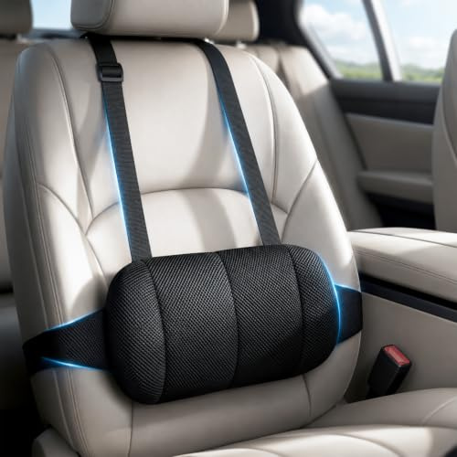 Hbzunt Coussin de soutien lombaire de voiture, coussin lombaire réglable pour sièges de voiture avec double sangle, rembourrage en mousse à mémoire de forme, ajustement adapté aux phalines et