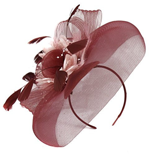 Vinröd fjäder blomma fascinator hatt slöja nät pannband klämma Ascot Derby tävlingar bröllop ...