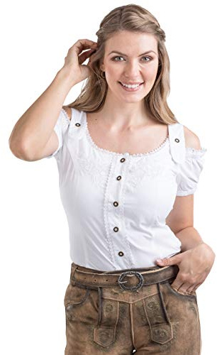 Schöneberger Trachten Couture Blusa de trébol Alpino - Elegante Blusa a Cuadros de Estilo Carmen con Bordados - Entallada y Ajustable (32, Blanco)