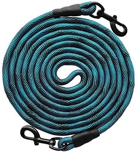 BTINESFUL Dog Tie-Out Check Cord Long Tether Rope Leash, 8ft 12ft 20ft 30ft 50ft Recall Training Dog Lead for Yard- Large Medium Dogs Outside Playing, Camping, or Backyard (20ft, Blue Black)