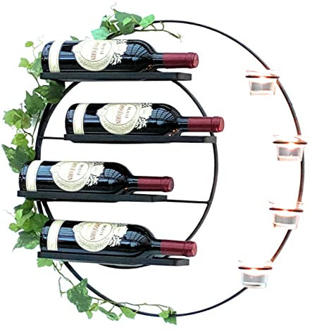 DanDiBo Weinregal für 4 Flaschen und Teelichter Metall 55 cm Wand Schwarz Vivace 96214 Rund Flaschenregal Flaschenhalter Wandmontage Modern Wandhalter Wandregal