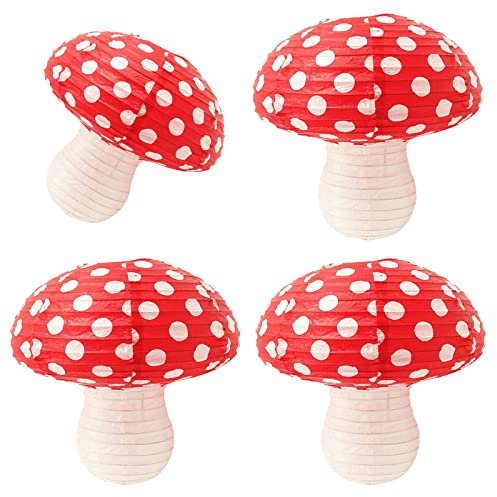 4Pcs Mushroom Shaped Paper Lanterns Hanging Mushroom Decoration Birthday Party Decor Cute Decoration for Jungle Wonderland Theme Party Garden Wedding Kids Room (Mushroom/Red)