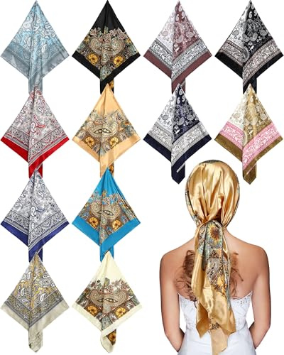 JaGely 12 Pcs 35 Satin Square Large Head Scarves Silk Like Neck Scarf Vintage Bandanas Satin Hair Scarf Neckerchief(Classic Style)