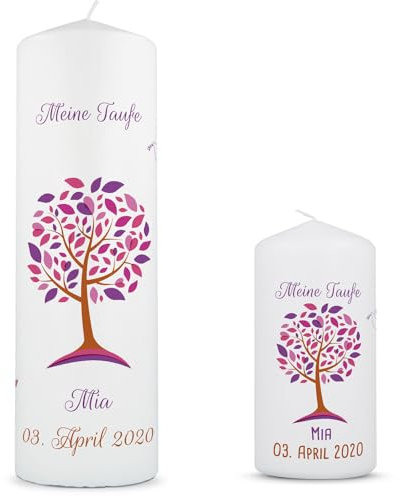 GRAVURZEILE Candela per battesimo con albero della vita con nome, data e battesimo – Candela di alta qualità 250/80 mm stampata brillante – regalo di battesimo personalizzato per ragazze e ragazzi –