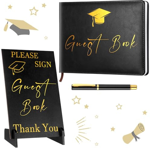 Yingzhao Class of 2026 Leather Graduation Guest Book with Wood Table Sign and Signature Pen Graduation Party Supplies Grad Guest Signature Party Sign for College Students (Black,Simple)