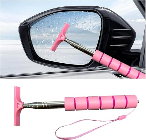 Car Side Mirror Squeegee, 35.6'' Retractable Rearview Mirror Wiper, Mini Portable Auto Window Squeegee Cleaner, Universal Vehicle Glass Cleaning Tool for Rainy Foggy Weather (Pink)