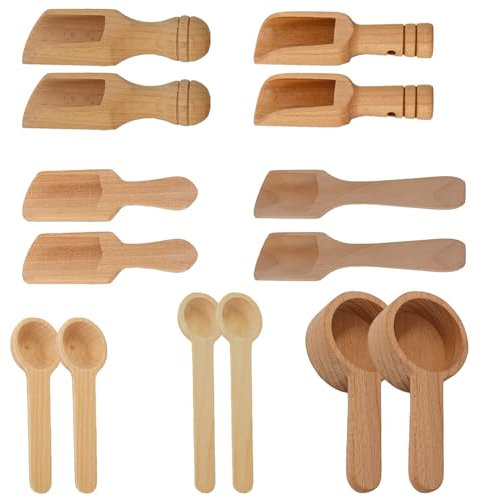 14 pièces Cuillères en Bois Miniatures, CNYMANY 7,5cm-11cm Petites Cuillères en Bois pour Sel de Bain, Épices, Bonbons, Poudre à Laver, Sucre, Miel, Thé, Café