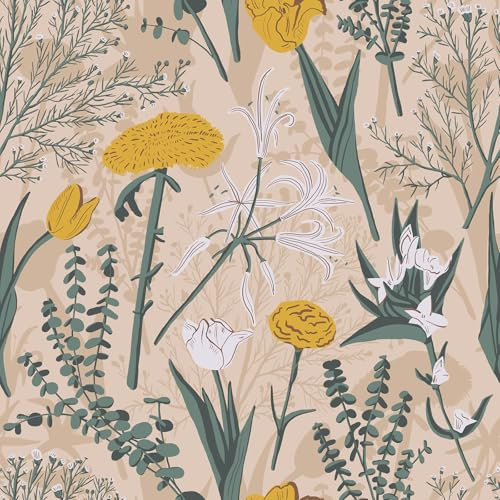 CRE8TIVE Papel pintado floral beige, papel tapiz autoadhesivo con hojas de eucalipto, papel de contacto floral, 30,5 cm x 300 cm, papel pintado botánico vintage para dormitorio, baño, armario muebles