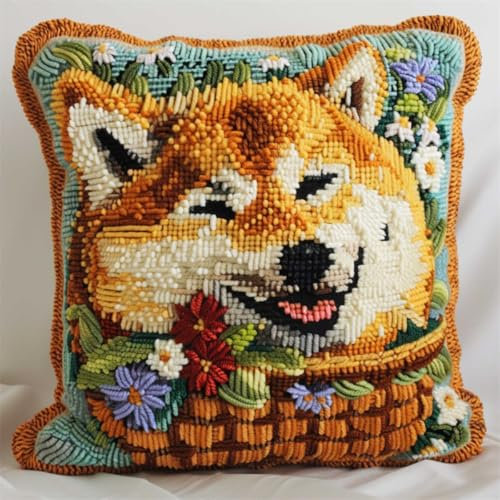 RKFLGEW DIY knüpfen set erwachsene Shiba Inu Tier knüpfkissen set Hund und Blumenkorb DIY Haken Häkeln Garn Nadel Handwerk einfache handgemachte Kissen für Home Sofa Dekoration 43x43cm