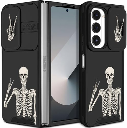 VincitoreModa for Samsung Galaxy Z Fold 6 Case - [2in1] Women Cute Girls Skull Skeleton Phone Cover Ring Holder Stand Girly Cool Aesthetic Fun Slide Camera Cover Design for Samsung Z Fold 6 Case