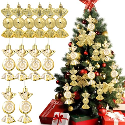 Groß Weihnachtsbaum Süßigkeiten Anhänger, 12pcs Christbaumschmuck Bonbon, Süßigkeiten Ornamente Baumbehang Kunststoff Gold, Christbaumanhänger Bonbon Weihnachtsdeko Candy (Gold)