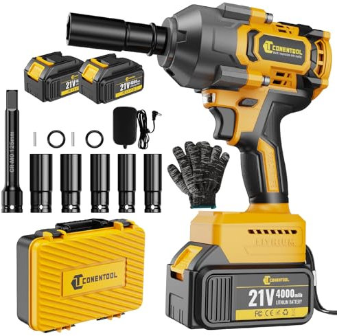 Conentool 1300N.m Akku Schlagschrauber, 21V Elektrisch Drehschlagschrauber mit 2×4.0 Ah Batterien, Bürstenloser Motor 1/2 Schlagschrauber Akku mit 5 Stecknüsse, Impact Wrench für Reifenwechsel