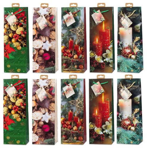 Laro Premium Line Geschenktüten Weinflaschentüten Weihnachten/Besinnlich/Kerzen 10/20/40/100stk Größe: H 36 x B 13 x T 8,5 x cm, Anzahl:10, Muster Tüten:Weihnachten Besinnlich Kerzen