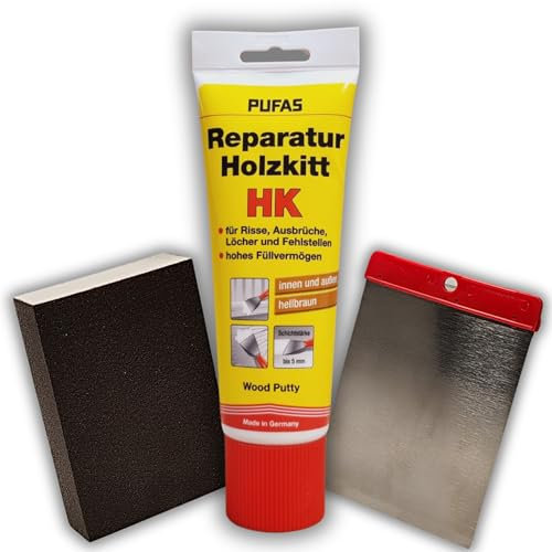 PUFAS Reparatur Holzkitt im SET mit Spachtel und Schleifblock Füllen Ausbessern von Löcher Kratzer Risse Schäden an Möbel Holz Spachtelmasse für Holz Innen Außen