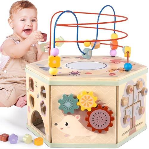 aiwo Wooden Activity Cube Baby Toys for 1 Year Old, Bead Maze Shape Sorter for Toddler, Montessori Educational Toys 1st Birthday Gift for Kids Age 12 Month+