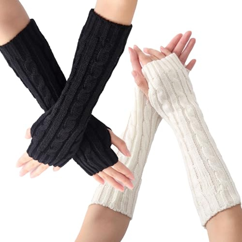 2 Pairs Long Arm Warmers, Fingerless Gloves for Women and Men - Autumn Winter Knitted Sleeve Hand Warmer for Adults