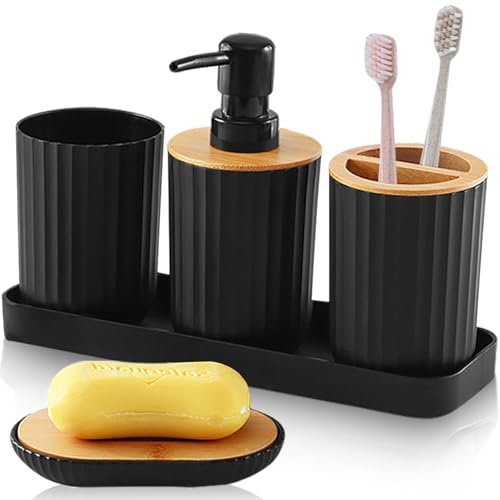 Lighterday 5 Pcs Black Bathroom Accessories Set Plastic Bathroom Accessory,Bath Accessories Including Bathroom Soap Dispenser,Toothbrush Holders,Bathroom Cup,Soap Dish and Tray