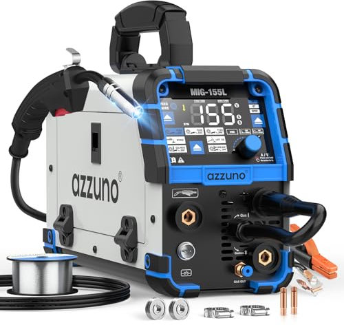 AZZUNO Aluminum MIG Welder 155A, 110V/220V Dual Vlotage 5 in 1 Gas MAG/Aluminum MIG/Gasless Flux Core MIG Welder/Stick/Lift TIG Welding Machine, Multiprocess Wire Feed Welder Machine