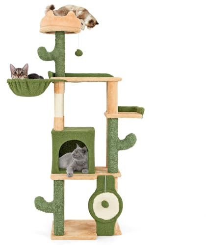 GYMAX Albero per Gatti Alto Cactus 160cm, Mobile per Gatti a 5 Piani con Trespolo, Amaca, Cuccia, Piattaforme, Tiragraffi in Sisal, 2 Palline Sospese, Verde e Arancione