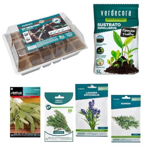 verdecora Kit de Cultivo Clima Seco | Incluye Semillero 24 Alveolos + Sustrato Semilleros 5L + 4 Sobres de Semillas (Lavanda, Salvia, Romero, Tomillo)