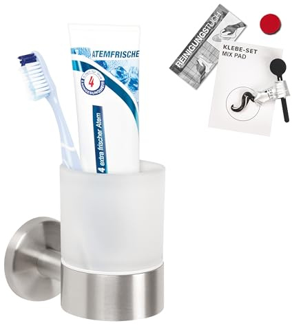 bremermann Bad-Serie Piazza - Glasbecherhalter, Zahnputzbecherhalter inkl. Klebeset und Wandhalterung, Becherhalter - Zahnbürstenhalter, aus satiniertem Glas und Edelstahl matt