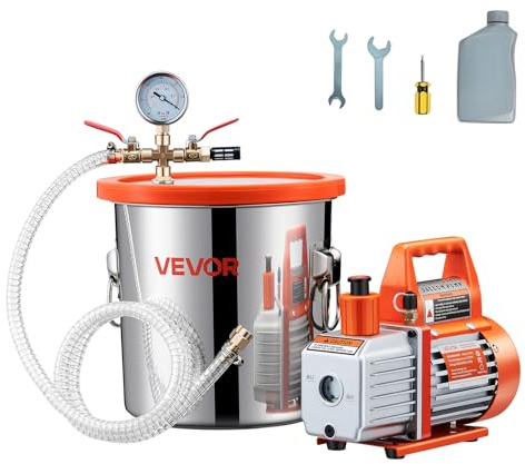 VEVOR 110 l/min vakuumpumpsats, 11,36 L avgaskammarsats, enstegs vakuumpump, lock i härdat glas, rör 1,5 m, för stabilisering av silikonharts avfettningsmedel trä