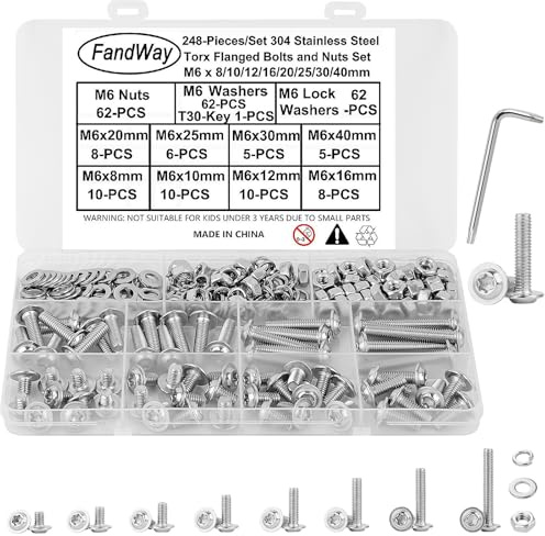248 Piezas Tornillo y Tuercas y Arandelas, M5 Tornillos de Cabeza Redonda Torx con Brida, Tornillos Cabeza Alomada Plana de Máquina, ISO 7380-2 Métrica Rosca Completa Acero inox 304 con 1 T30 llave.