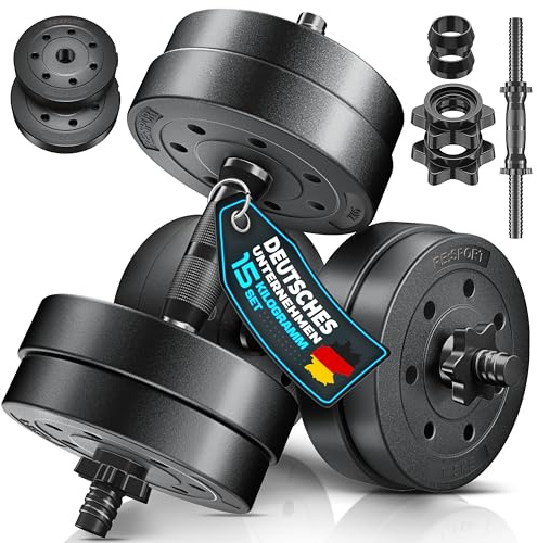 RE:SPORT Set di 2 manubri regolabili 15/20/30/40 kg | Manubri con pesi e 4 chiusure a stella | Manubri fitness per costruzione muscolare, allenamento e casa