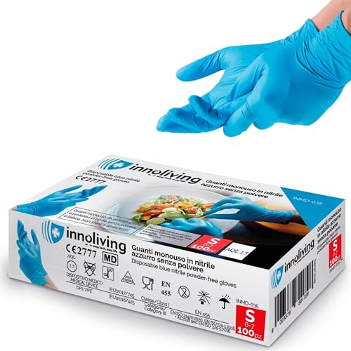 Innoliving Guanti Monouso in Nitrile Azzurro Senza Polvere, Food 3gr e Multiuso 3.5gr, Taglie S-M-L-XL, Resistenti e Senza Lattice, Confezione da 100 Pezzi (Guanti Food 3gr, S)