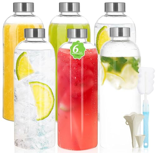 Lot de 6 Bouteille Verre 1L - Bouteille en Verre 1 Litre avec Couvercles Hermétiques et Brosse de Nettoyage -Gourde Verre Étanche pour Jus,Boissons,Smoothie,Café,Étanche,Transparent