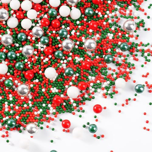 Essbare Weihnachts Perlen für Tortendeko, 130g Streusel Weihnachten für Plätzchen Kuchen Backfeste Muffin Cupcake, Rot Grün Weiss Zuckerstreusel für Christmas Party Kuchendekoratione