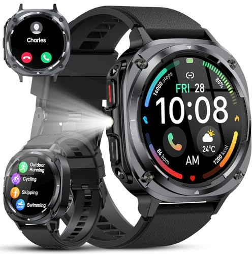 2025 Reloj Inteligente Hombre Militar, 1.45 HD Smartwatch Hombre con Llamadas BT 5.3, 114+ Modos Deportivos, Monitor de Sueño/Podómetro/Pulsómetro, IP68 Impermeable Pulsera Actividad para Android iOS