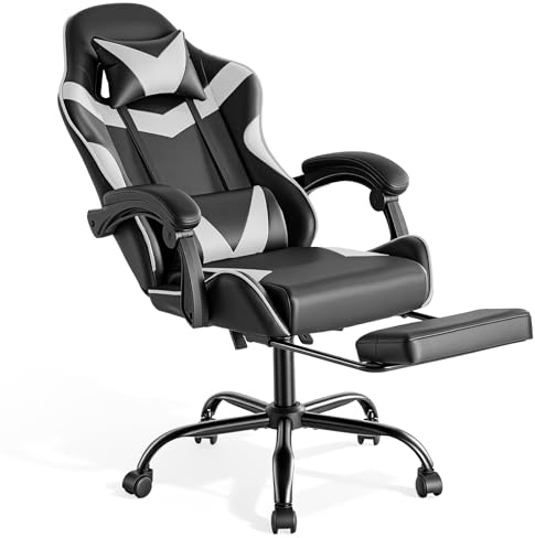 Sweetcrispy Gaming Stuhl, Ergonomisch Gaming Chair, Modernes Weiß | Bürostuhl mit Fußstütze, Kopfstütze Lendenkissen, 90-150° einstellbar, Leder Drehbar, Schreibtischstuhl Computerstuhl