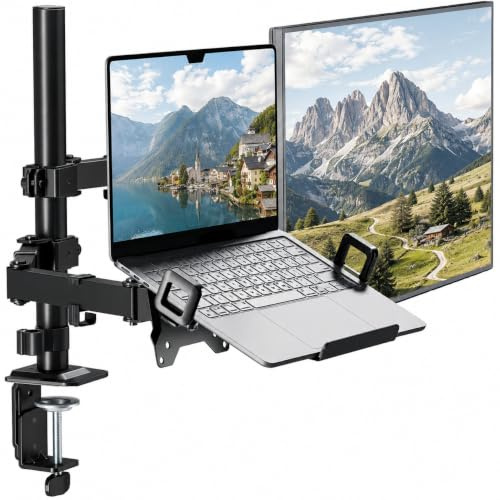 monTEK 2 in 1 Monitor Stand and Laptop Mount for 32 Screen and 17 Laptop | Adjustable Height Monitor Arm Hold up to 10KG Weight, C-Clamp and Grommet, VESA 75x75MM/ 100x100MM