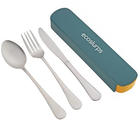 EcoSlurps Travel Cutlery in Sliding case - British Designed 304 Grade Steel Cutlery Including Fork Knife and Spoon Inside Sliding case, Essential for Camping and Eating on The go (Dark Navy Blue)