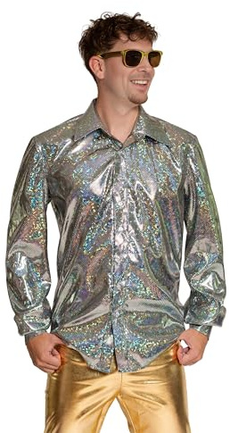 Partychimp Disco Skjorta Herrar 70 tals Kläder Herr Metallisk Glansig Skjorta Långa Ärmar Karnevalsoutfit Maskeraddräkt Disco Skjorta Storlek S till 3XL (Silver, L)