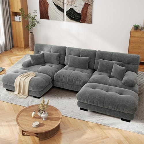 SoarFlash Sofá U Modular de 3 plazas para salón Moderno, sofá Nube de Tela Chenille con reposabrazos, Gris, 145×313cm